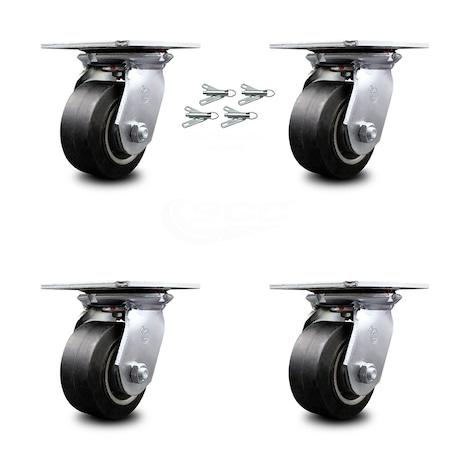 4 Inch Rubber on Aluminum Caster Set with Roller Bearings and Swivel Locks SCC
